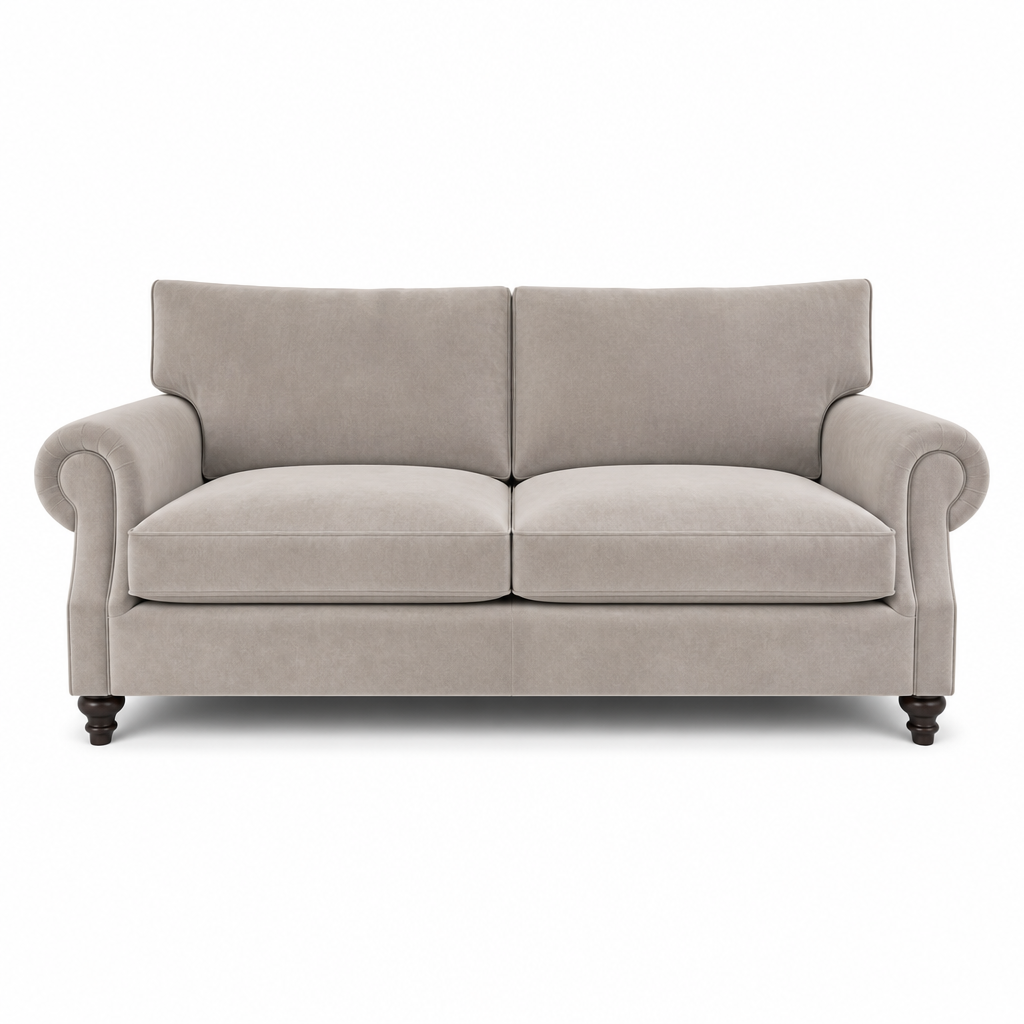 A classic two-seater loveseat sofa upholstered in a textured light beige fabric, featuring rolled arms, dark wooden turned legs, and a clean silhouette on a white background.