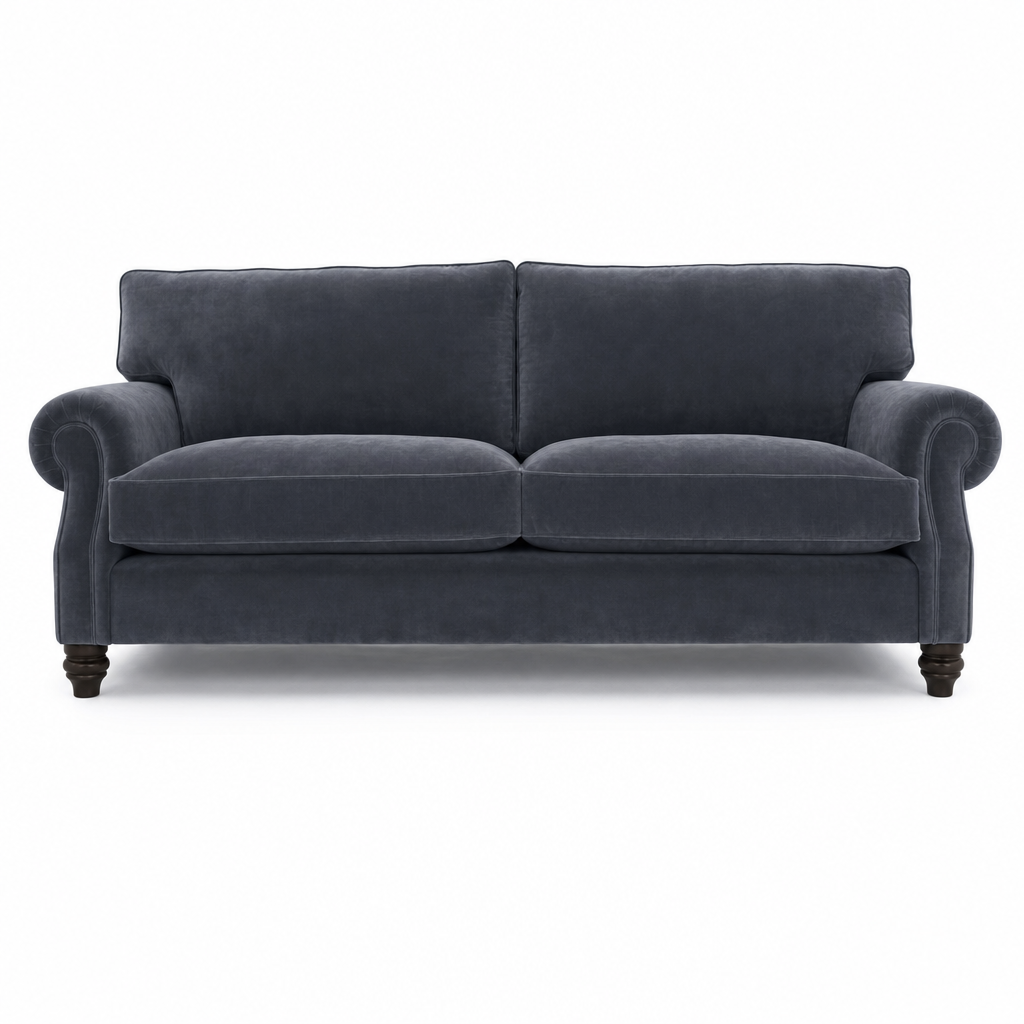 A classic two-seater loveseat sofa upholstered in dark slate blue velvet fabric, featuring dark wooden turned legs, shown against a plain white background.