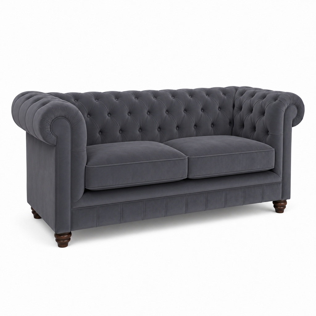 A classic Chesterfield loveseat sofa upholstered in dark gray velvet fabric, featuring deep button tufting, rolled arms, two seat cushions, and dark wooden legs, shown against a plain white background.