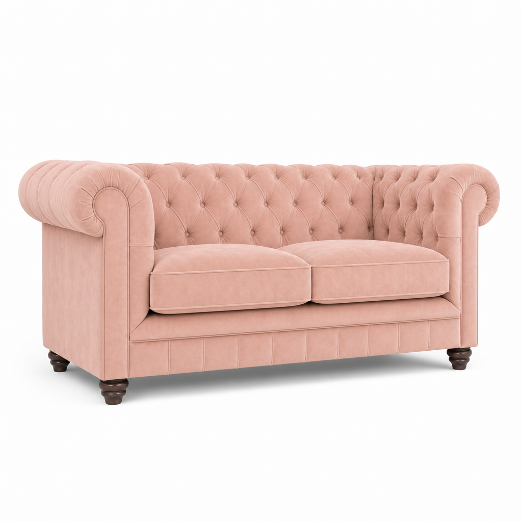 A classic Chesterfield loveseat sofa upholstered in dusty pink velvet, featuring a tufted button backrest, rolled arms, two seat cushions, and dark wooden legs, shown against a plain white background.