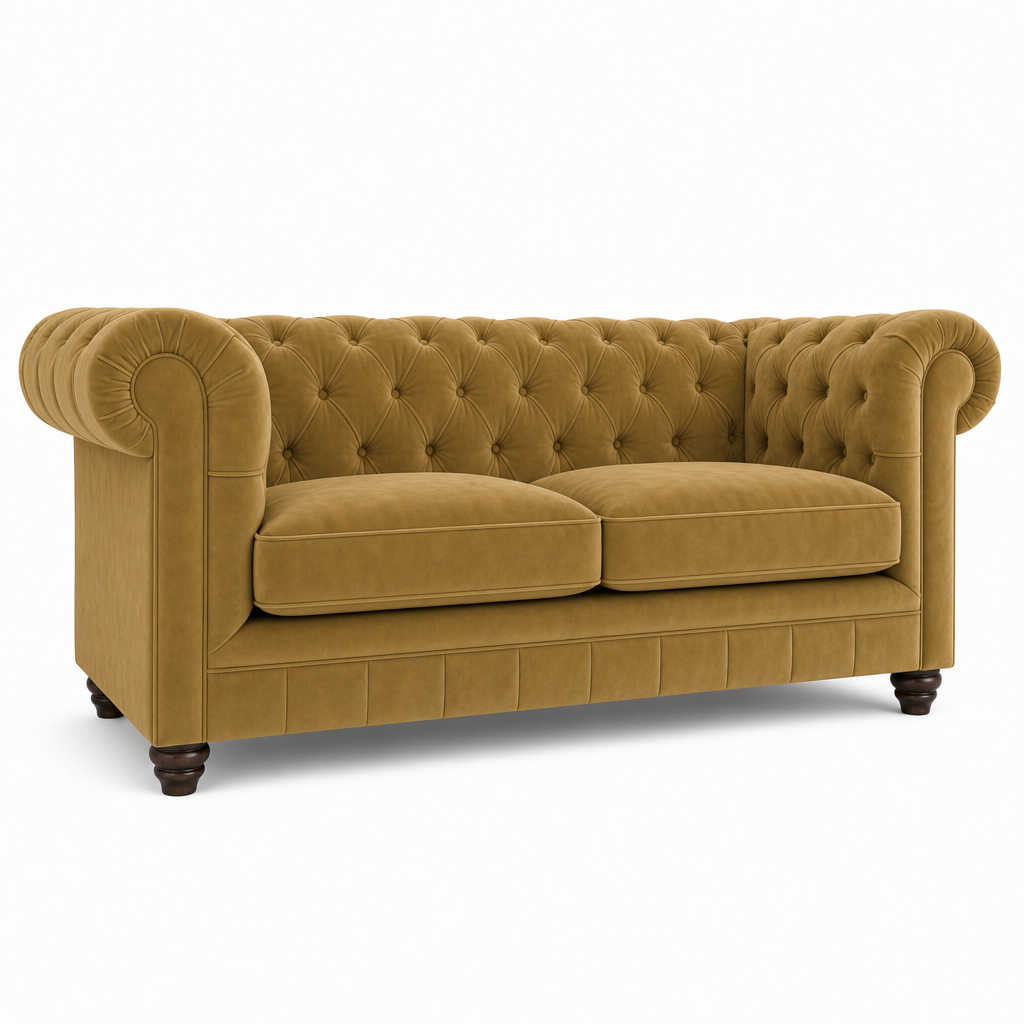 A classic Chesterfield loveseat sofa upholstered in a warm mustard yellow velvet fabric, featuring deep button tufting on the backrest and seat cushions, rolled arms, and dark wooden legs, shown against a plain white background.