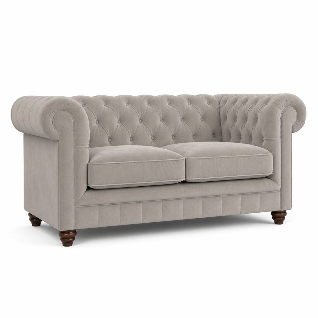 A classic Chesterfield loveseat sofa upholstered in a light beige textured fabric, featuring deep button tufting, rolled arms, two loose seat cushions, and dark brown turned wooden legs, shown against a plain white background.