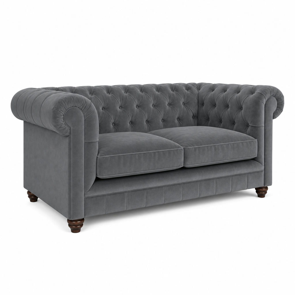 A classic gray velvet Chesterfield loveseat sofa with deep button tufting, rolled arms, two seat cushions, and dark wooden legs, shown on a plain white background.