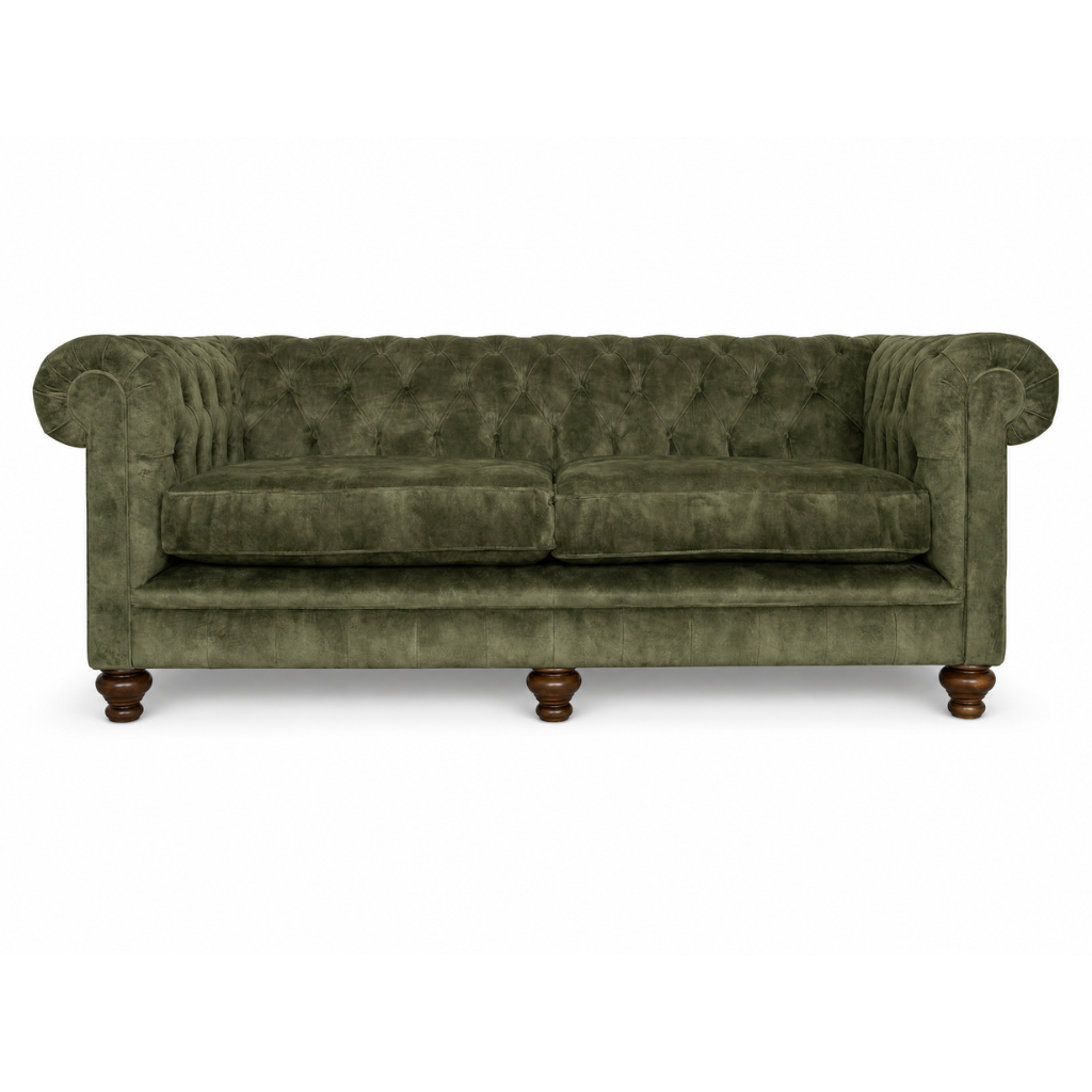Olive green sofa on white background