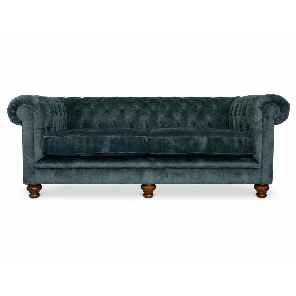 blue vlevet sofa button back on white background