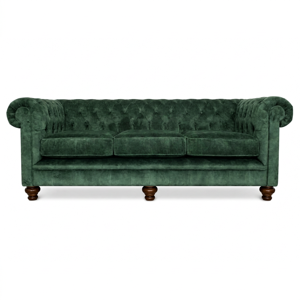 Green velvet sofa with wooden legs on a white background