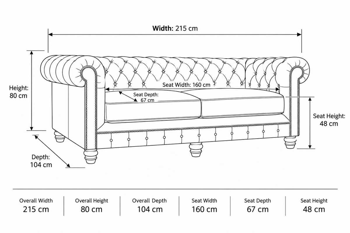 Black and white line drawing of a tufted sofa or bench with dimension labels showing overall width, height, depth, seat width, seat depth, and seat height.