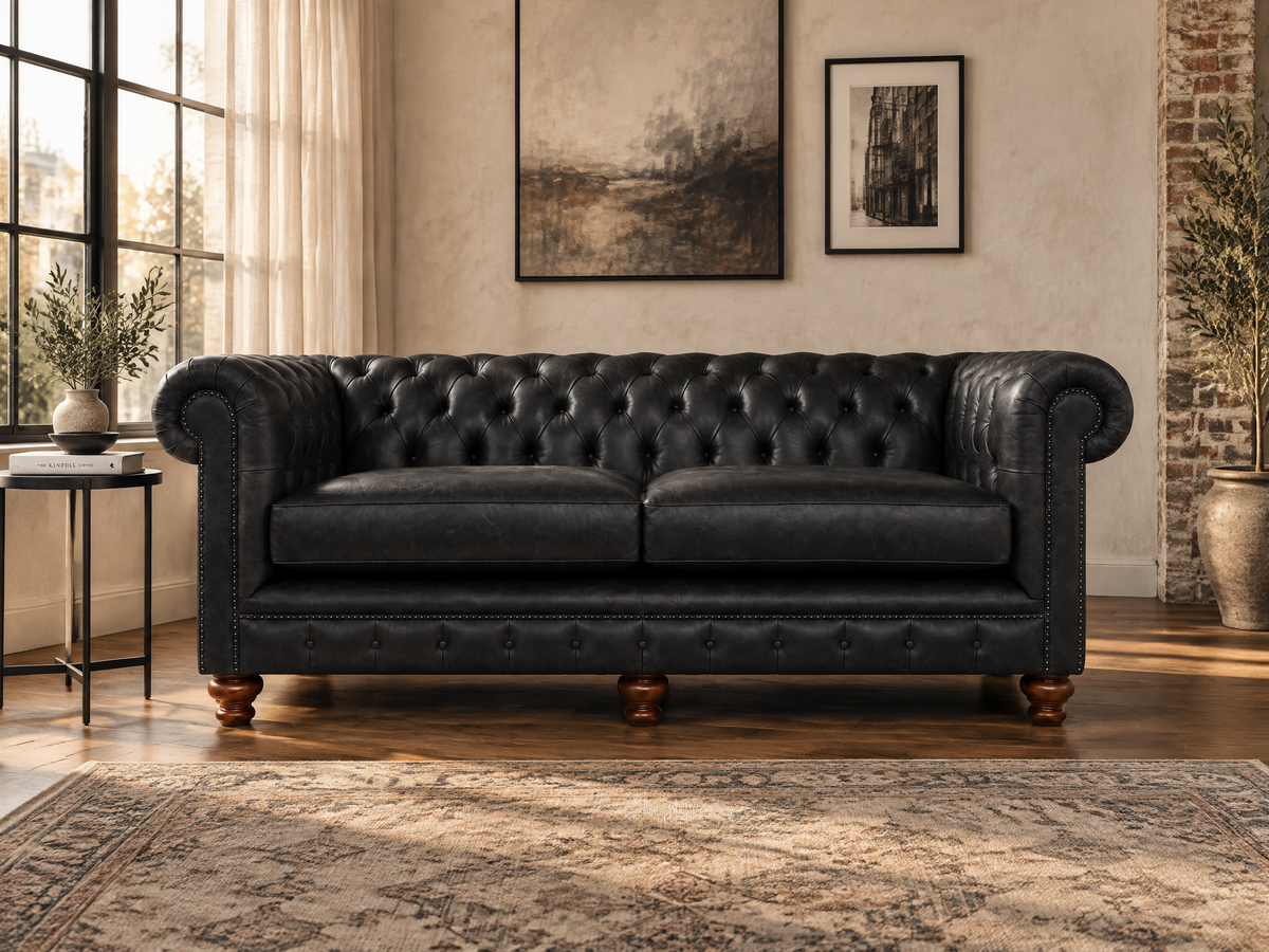 A black tufted leather Chesterfield loveseat sofa with rolled arms, nailhead trim, and wooden legs, positioned in a styled living room with a patterned rug, side table, window, and framed wall art.