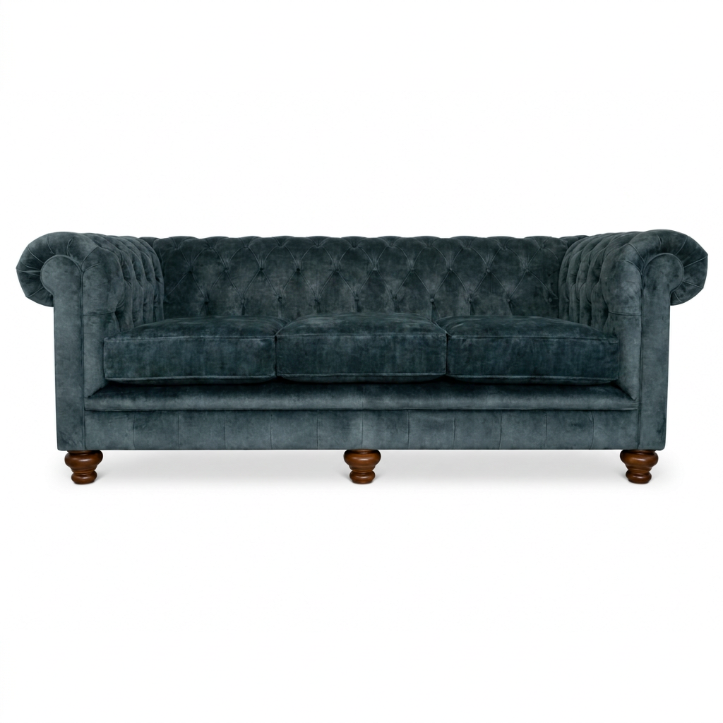 Blue velvet sofa with wooden legs on a white background
