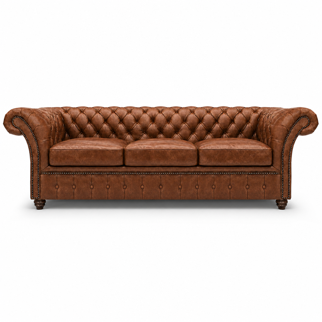 Brown leather sofa with tufted backrest on a white background