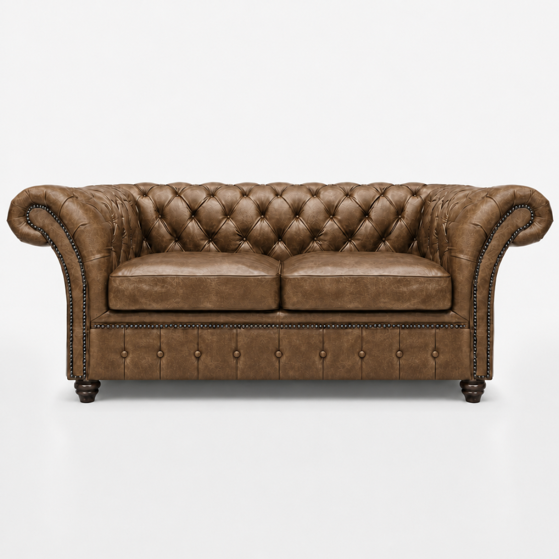 Brown leather sofa with tufted backrest on a white background
