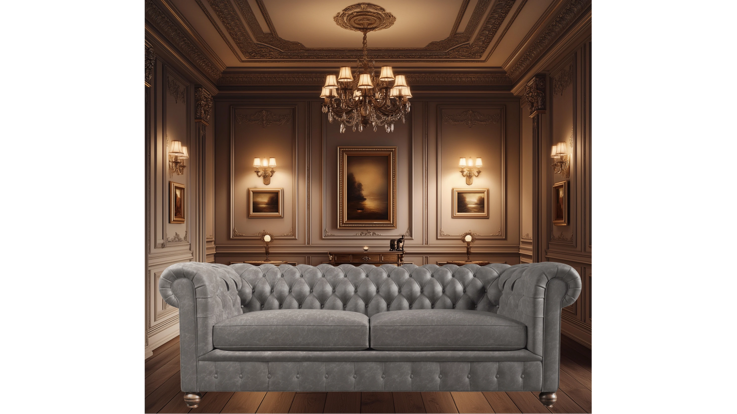 Charlotte Ashen Grey Four Seater Chesterfield Genuine Italian Leather Sofa