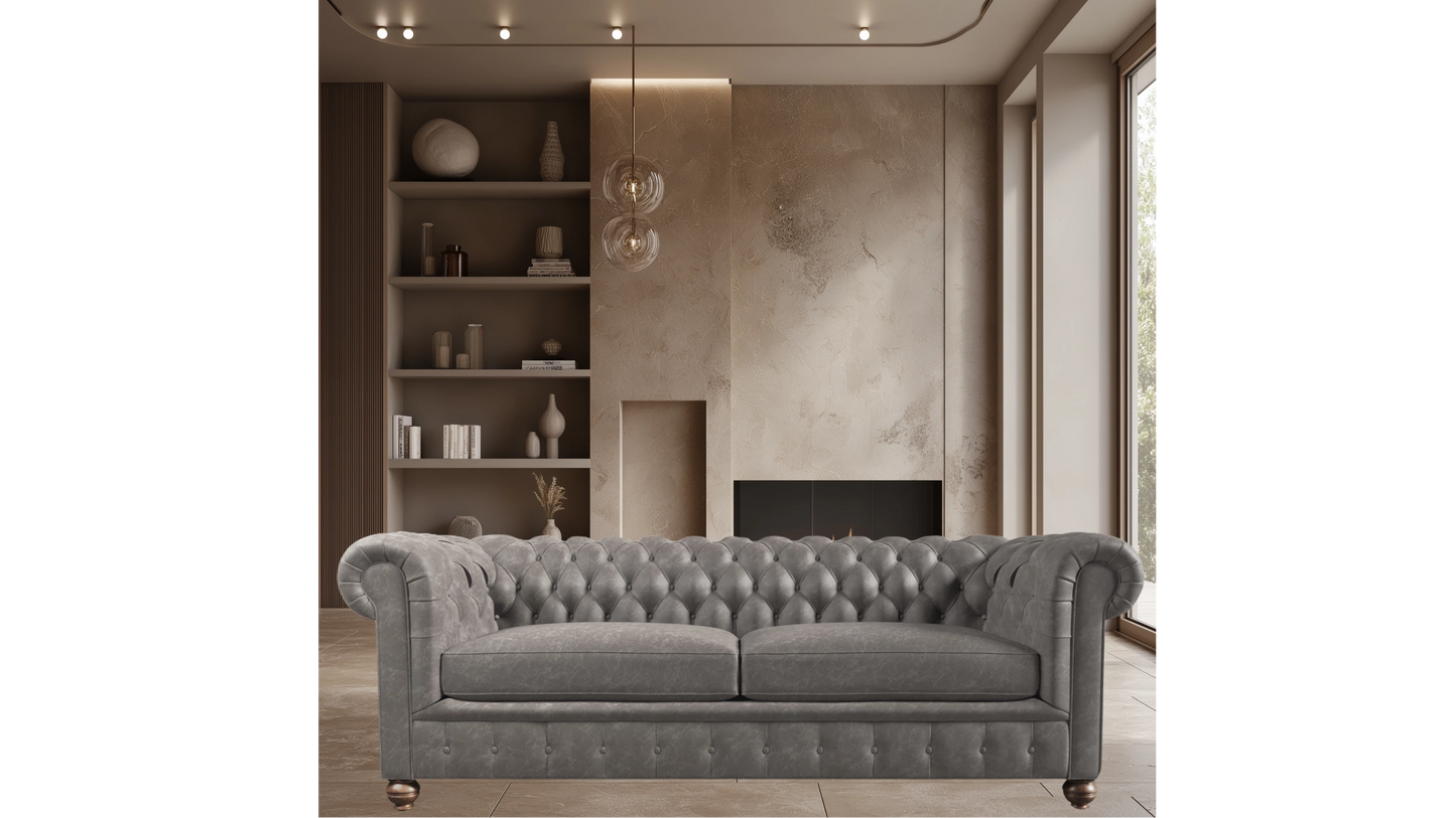 Charlotte Ashen Grey Four Seater Chesterfield Genuine Italian Leather Sofa