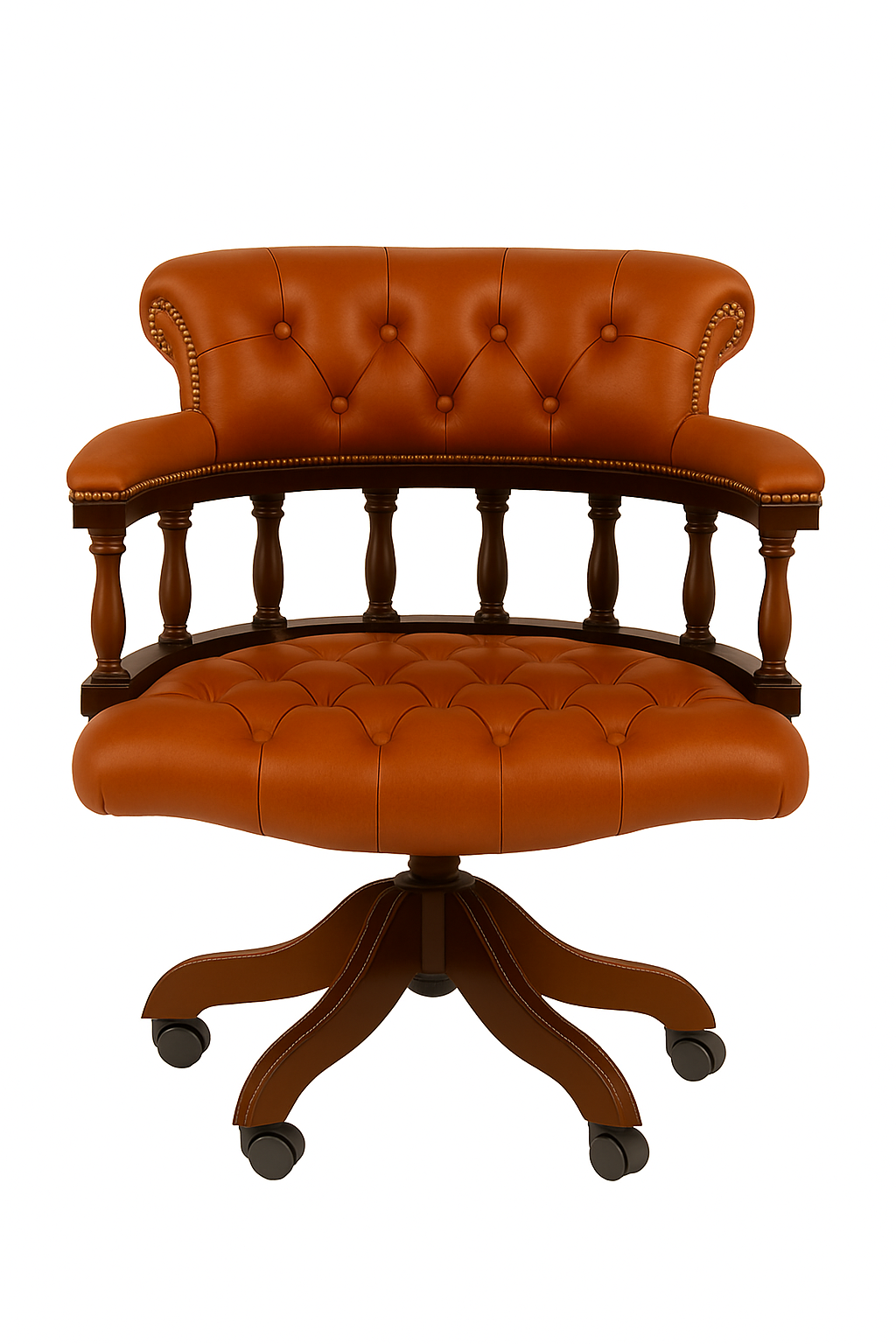 Brown leather office chair with tufted design on a white background