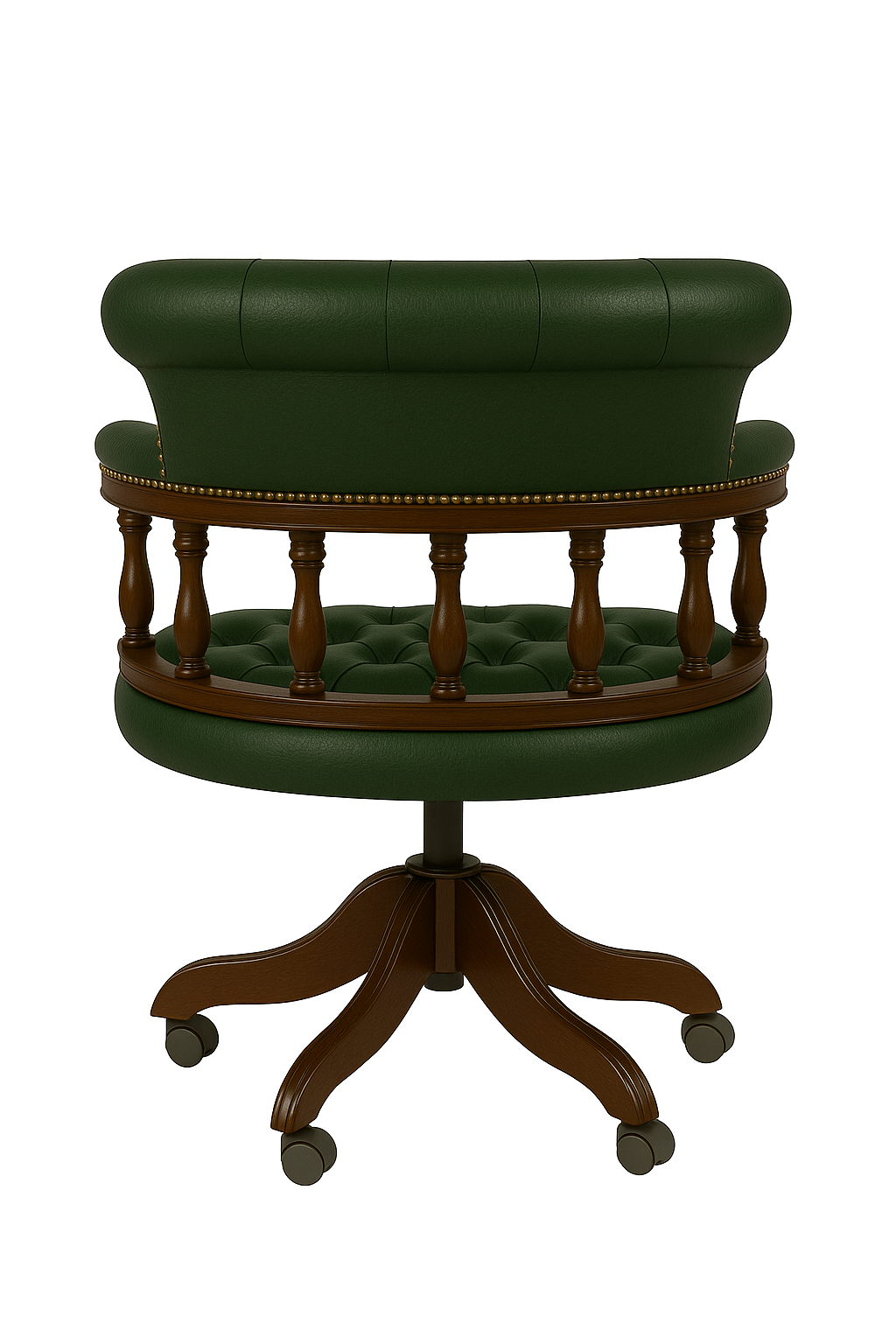 Green office chair with wooden frame on a white background