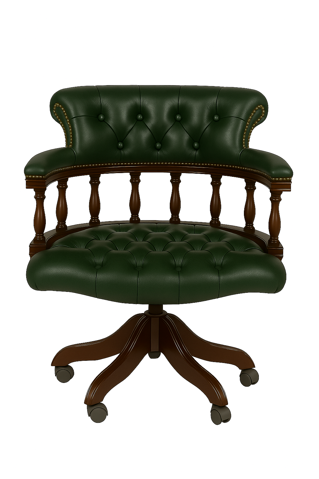Green leather office chair with wooden armrests and base on a white background