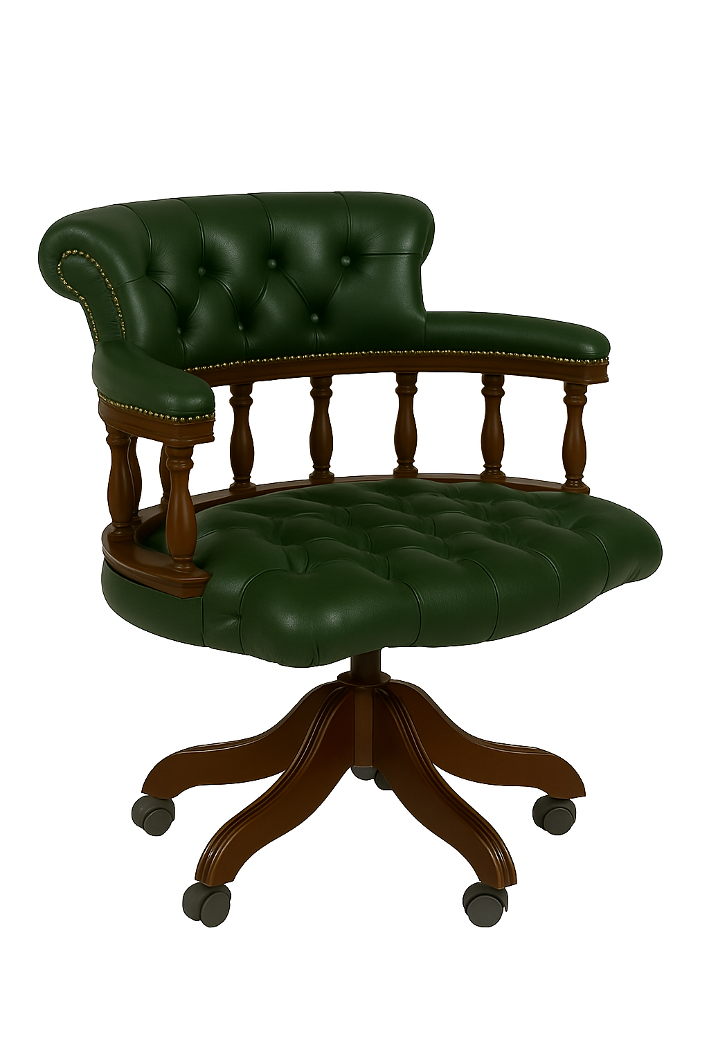 Green leather office chair with wooden frame on a white background