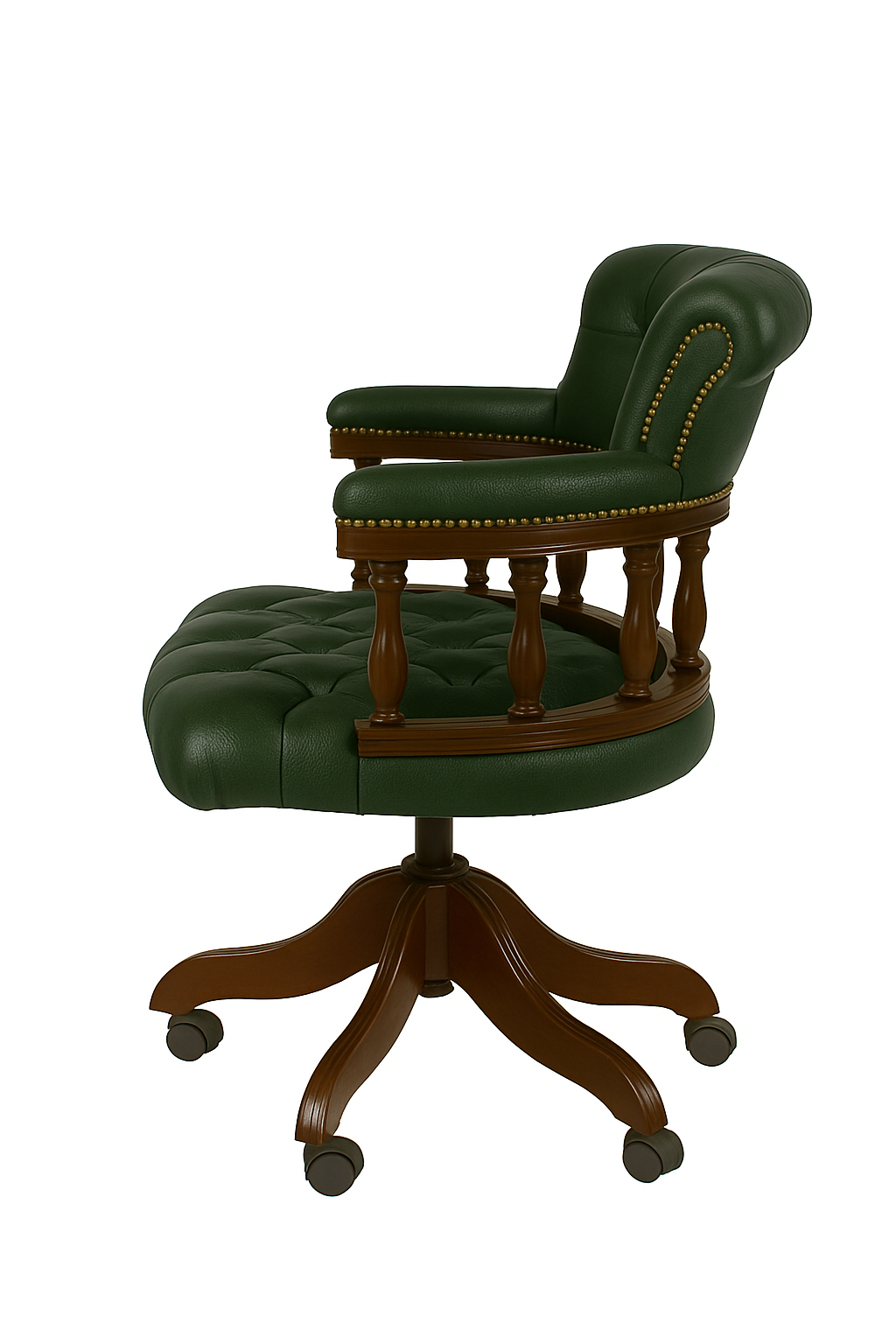 Green leather office chair with wooden base on a white background