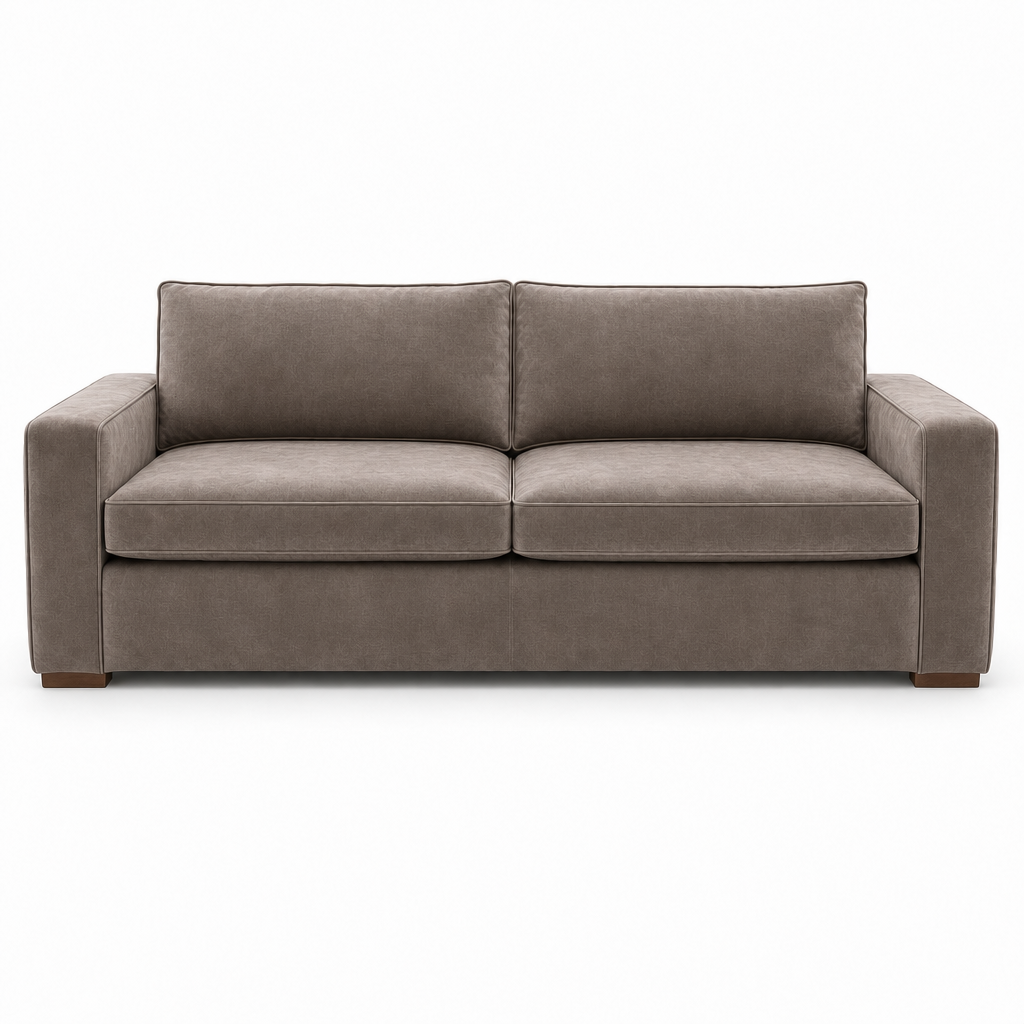 Gray velvet sofa on a white background