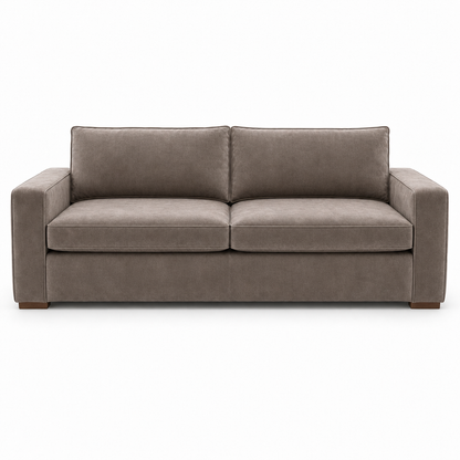 Gray velvet sofa on a white background