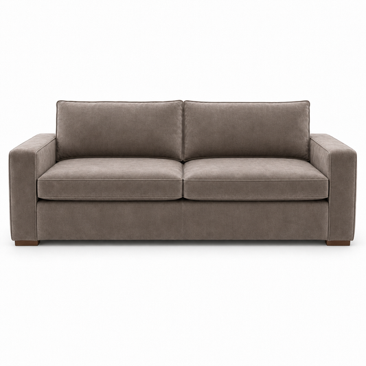 Gray velvet sofa on a white background