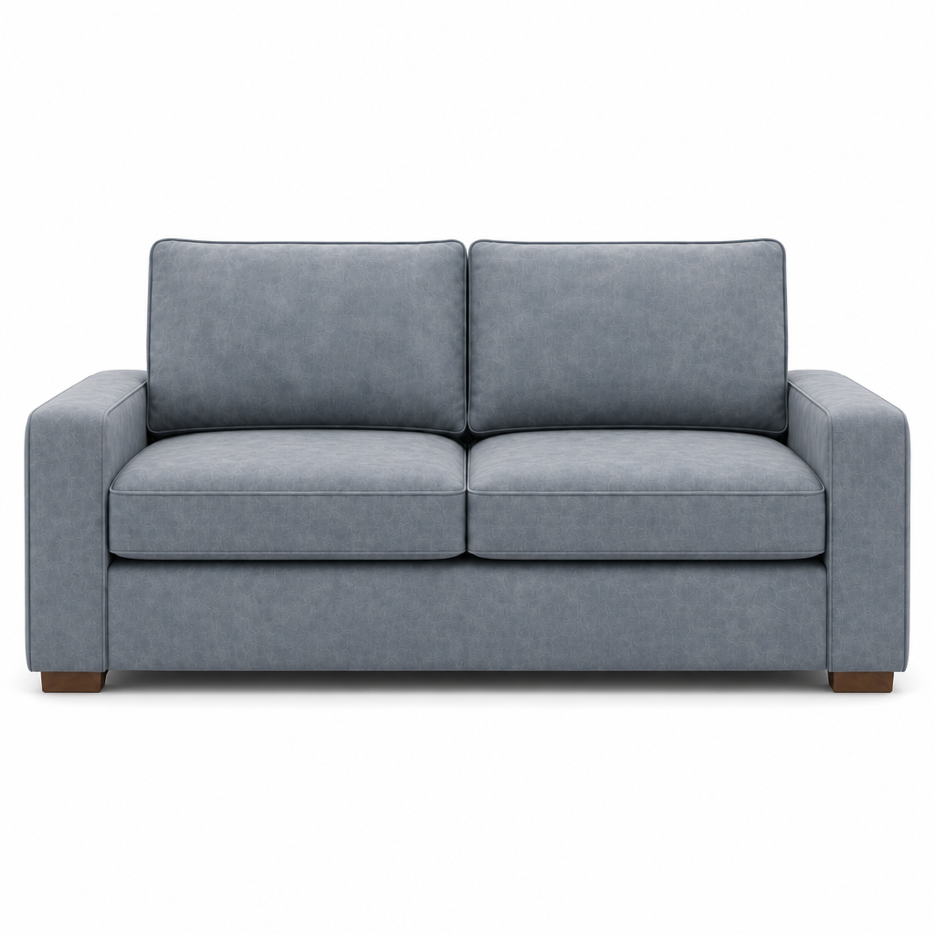 Gray velvet sofa on a white background