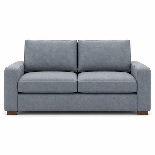 Gray velvet sofa on a white background