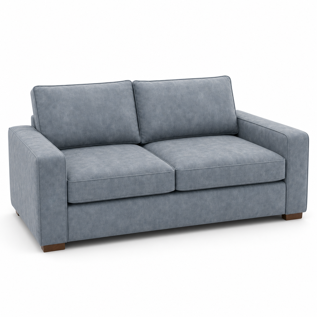Gray velvet sofa on a white background