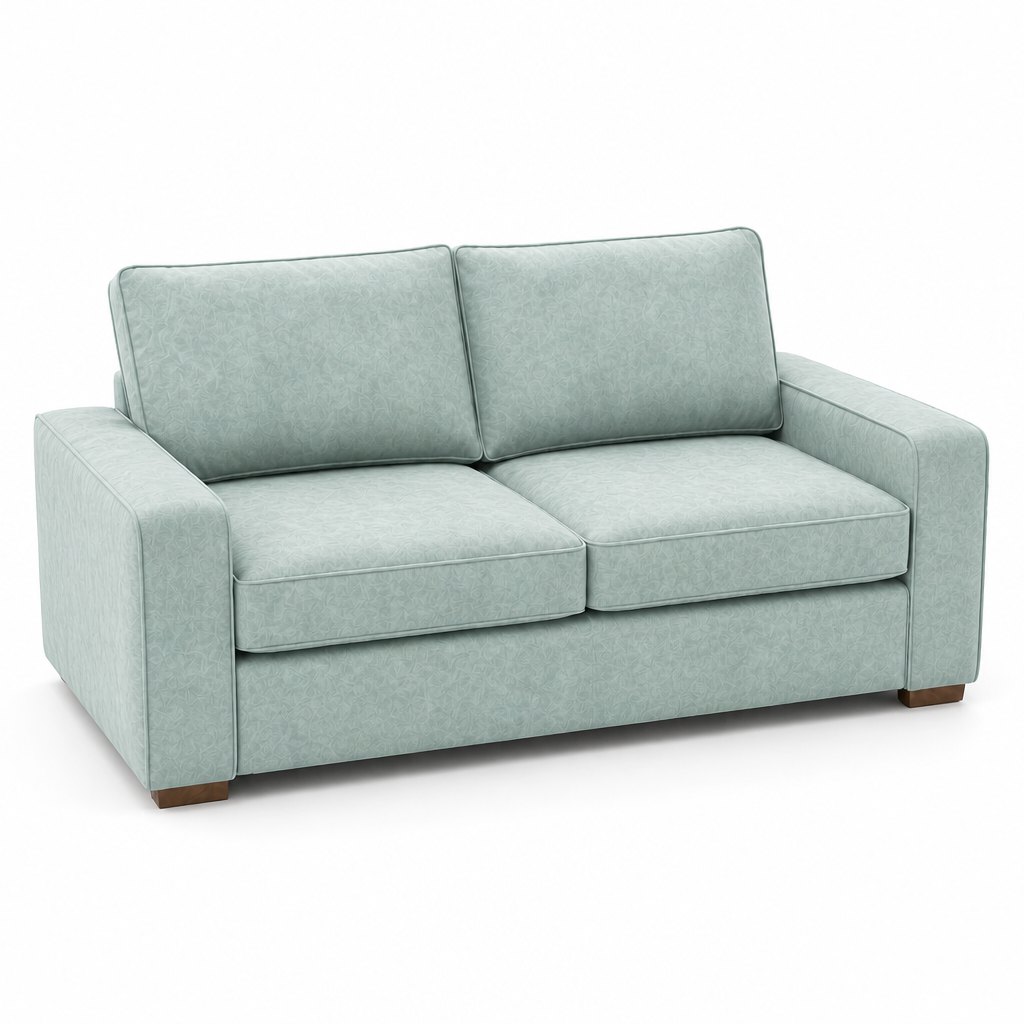 Light blue velvet sofa on a white background
