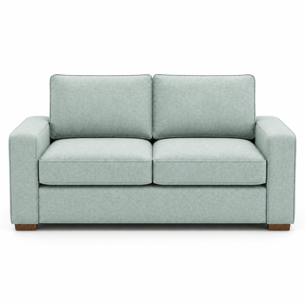 Light blue velvet sofa on a white background