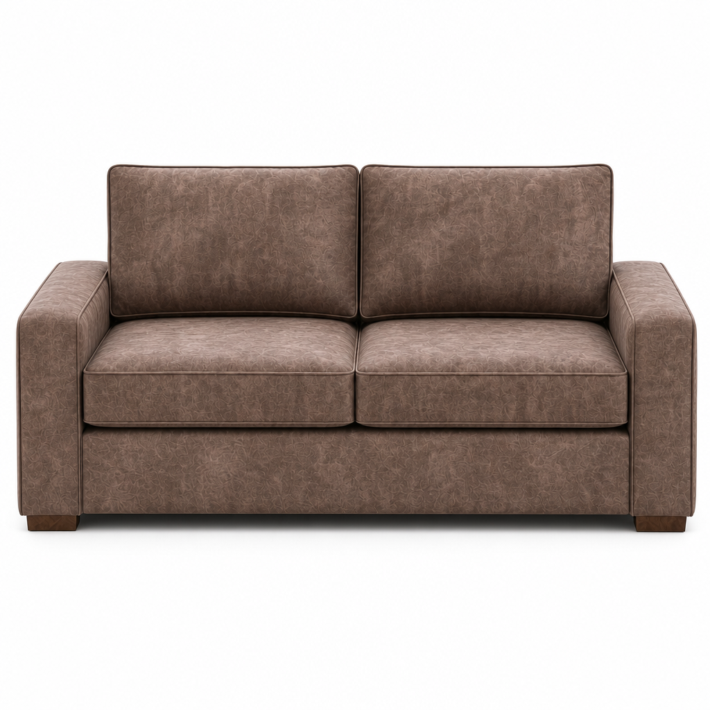A two-seater loveseat sofa upholstered in textured brown fabric, shown from a straight-on front angle against a plain white background.