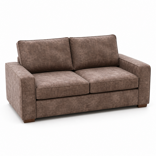 A two-seater loveseat sofa upholstered in textured brown fabric, shown from a three-quarter angle on a white background.