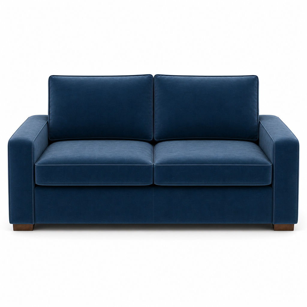 Blue velvet sofa on a white background