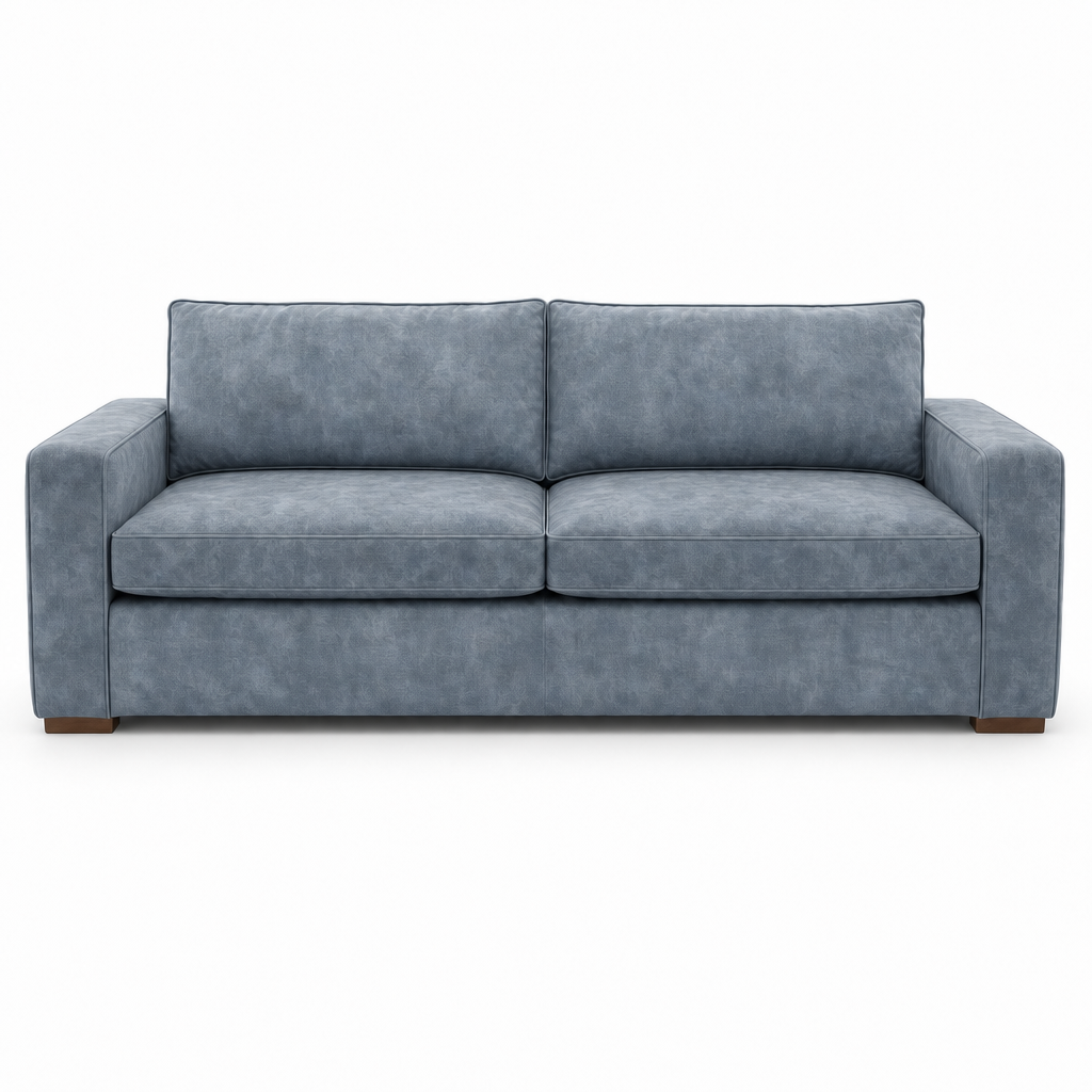 Gray velvet sofa on a white background