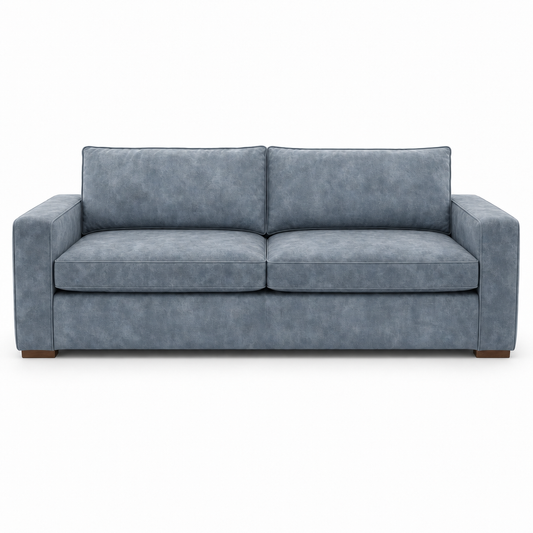 Gray velvet sofa on a white background