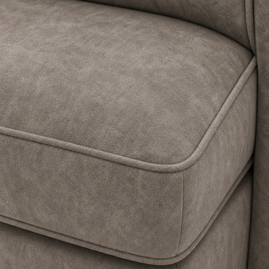 Close-up of a brown upholstered chair with visible stitching