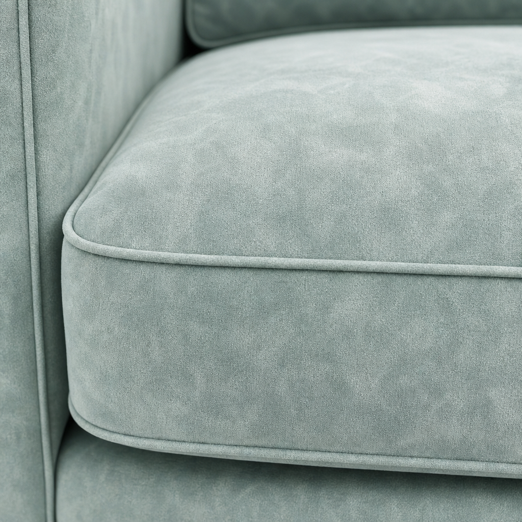 Close-up of a light gray velvet sofa cushion with a soft texture.