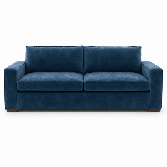 Blue velvet sofa on a white background