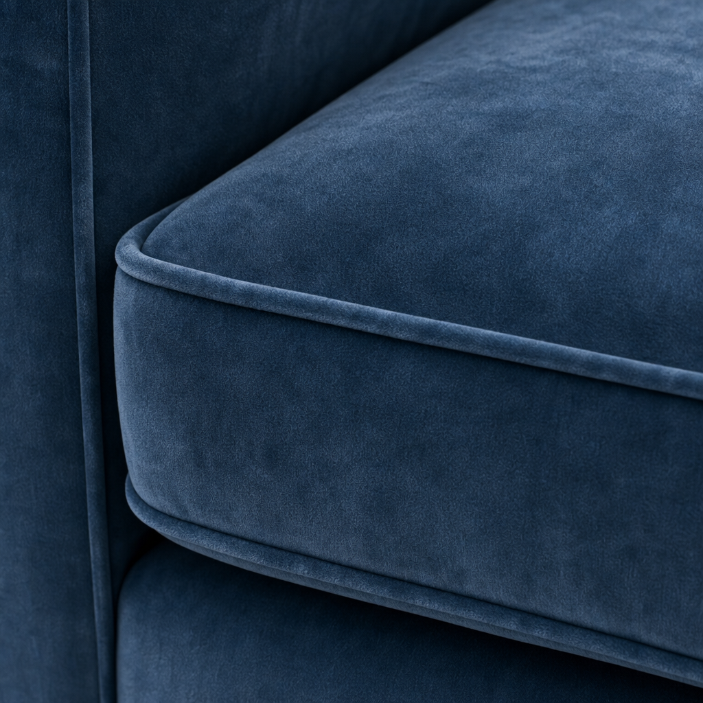 Close-up of a blue velvet sofa cushion
