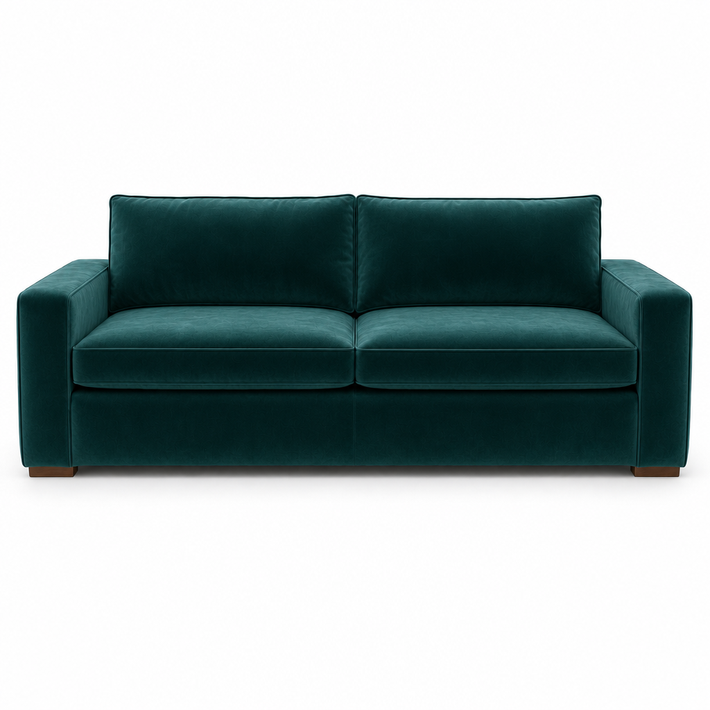 Green velvet sofa on a white background