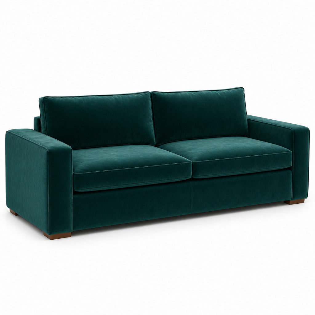 Green velvet sofa on a white background