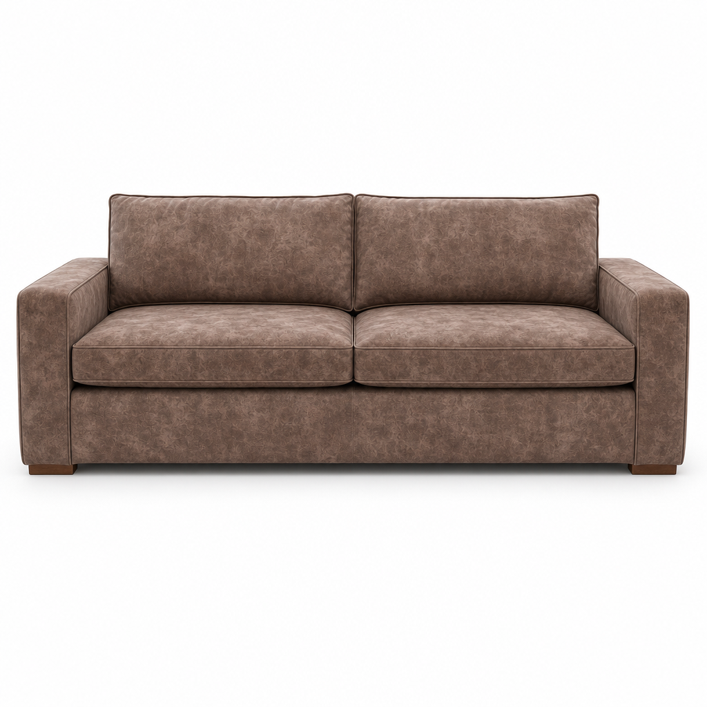 A two-seater loveseat sofa upholstered in a textured brown fabric, shown from a front-facing perspective against a plain white background.