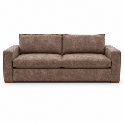 A two-seater loveseat sofa upholstered in a textured brown fabric, shown from a front-facing perspective against a plain white background.