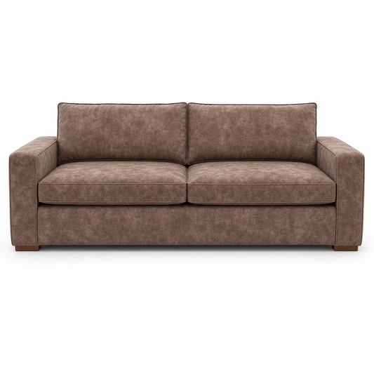 A two-seater loveseat sofa upholstered in a textured brown fabric, shown from a front-facing perspective against a plain white background.