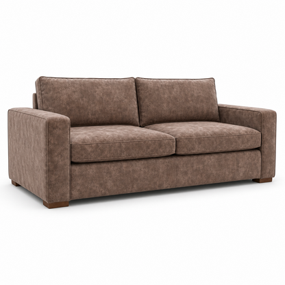 A two-seater loveseat sofa upholstered in textured brown fabric, shown from a three-quarter angle on a plain white background.