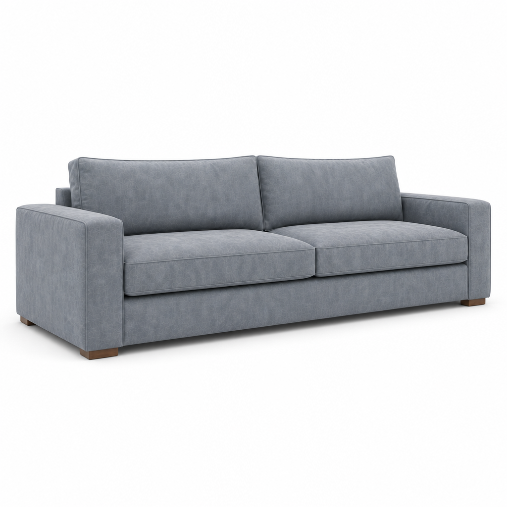 Gray velvet sofa on a white background
