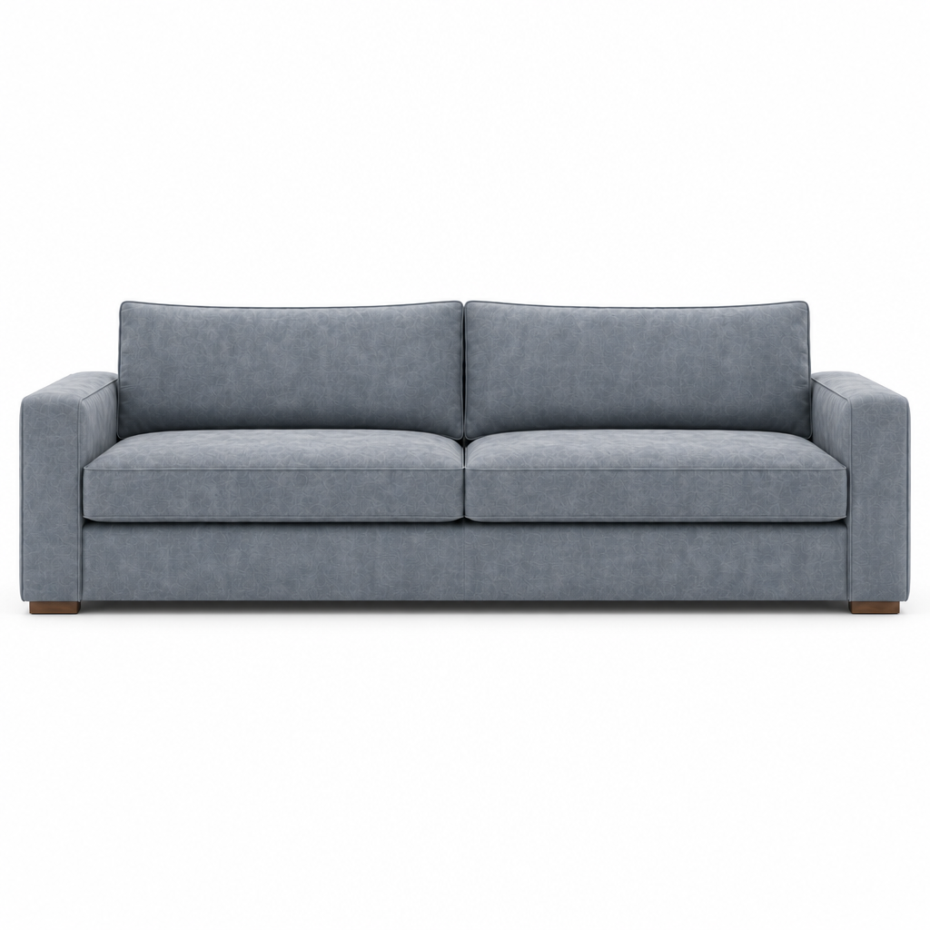 Gray velvet sofa on a white background