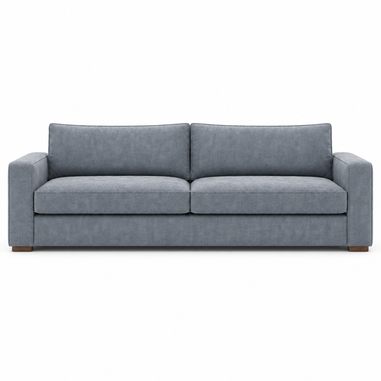 Gray velvet sofa on a white background