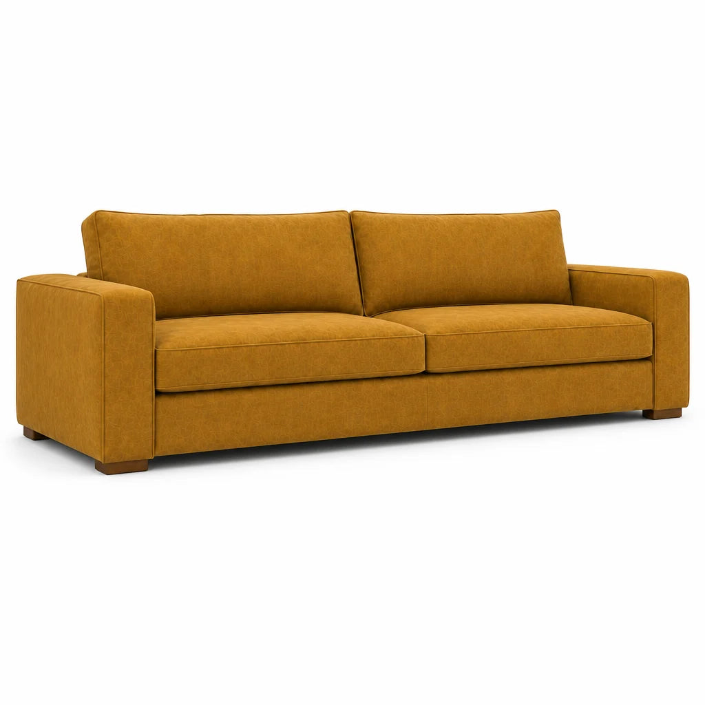 Mustard yellow sofa on a white background
