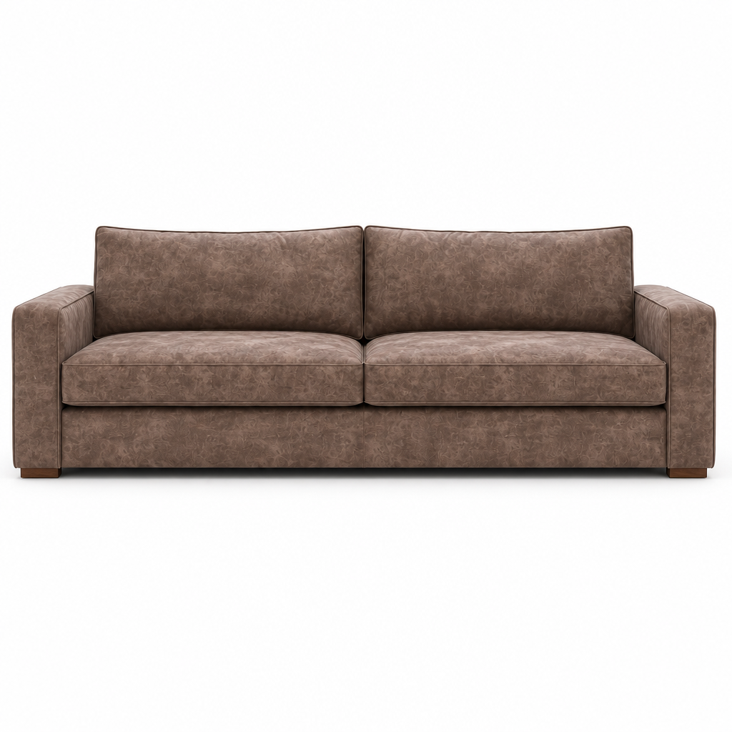 A two-seater sofa upholstered in textured brown fabric, shown from a front-facing perspective against a plain white background.